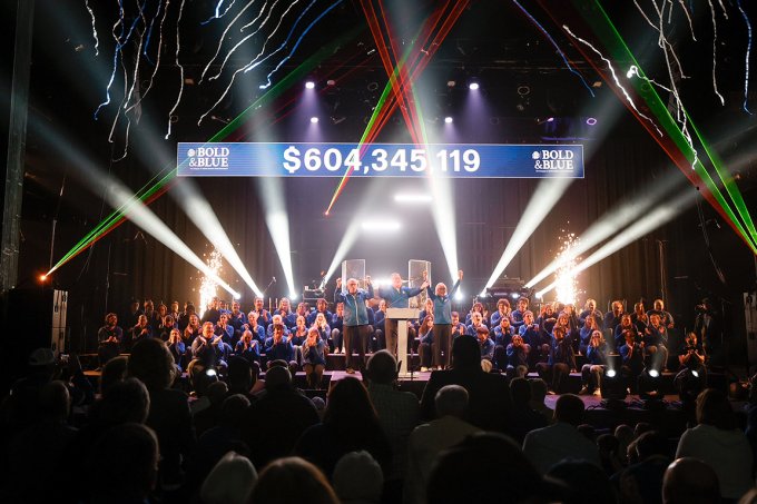The Bold & Blue fundraising total of $604,345,119 is revealed at a celebration at the Oscar Larson Performing Arts Center at South Dakota State University on April 25.