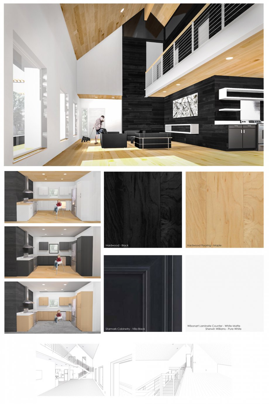 Interior palette and multiple renderings showing options.