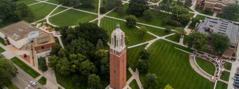 Aerial view of campus from the west campanile in foreground.