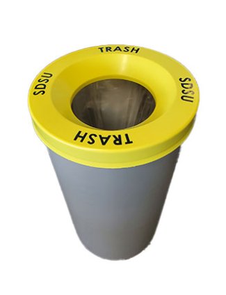 Gray circular trashcan with a yellow lid.
