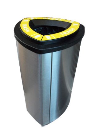 Triangular trashcan with yellow lid. 