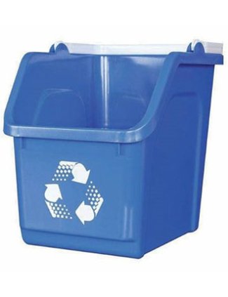 blue rectangular recycling bin with a handle.