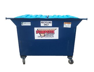 Blue recycling dumpster.