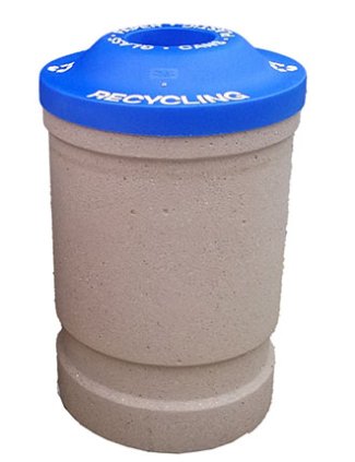 tan outdoor recycling bin with a blue lid. 