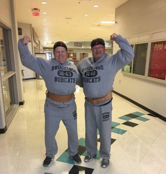 Tim Steffensen, former Brookings middle school principal, and Todd Foster dressed up for a spirit day. 