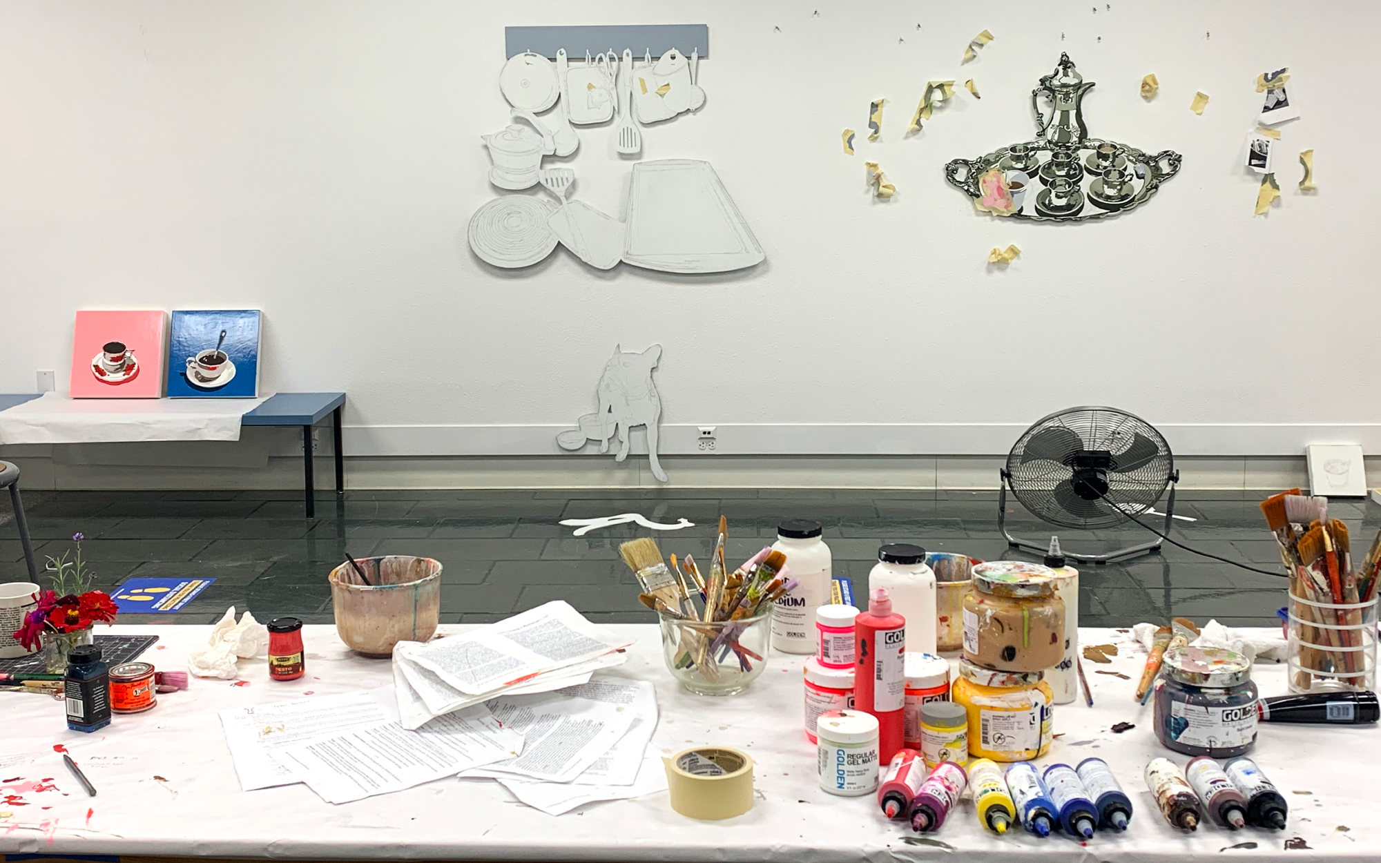 Studio Art workspace with paint supplies