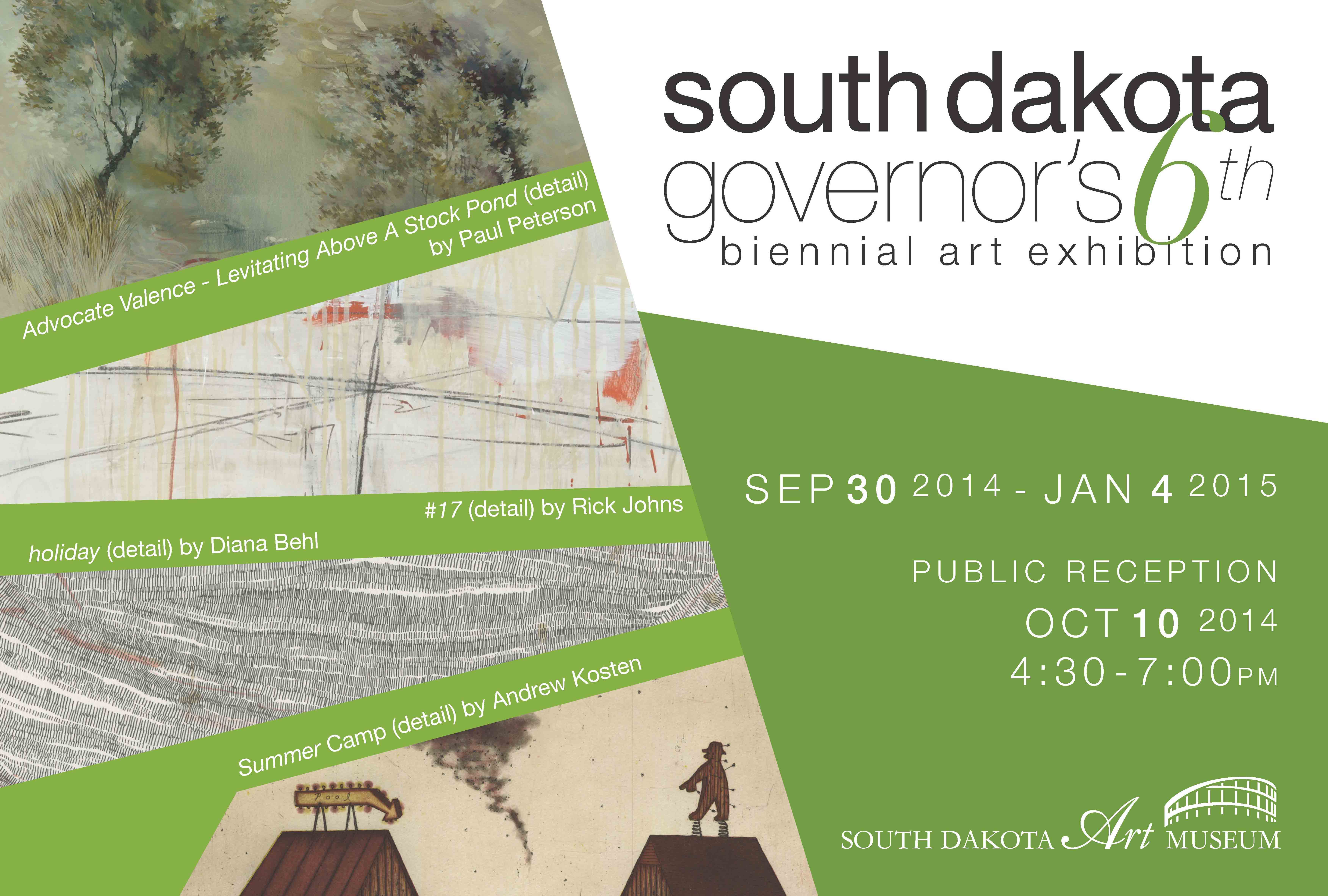 South Dakota governor's 6th biennial art exhibition poster featuring artwork by Paul Peterson, Rick Johns and Andrew Kosten