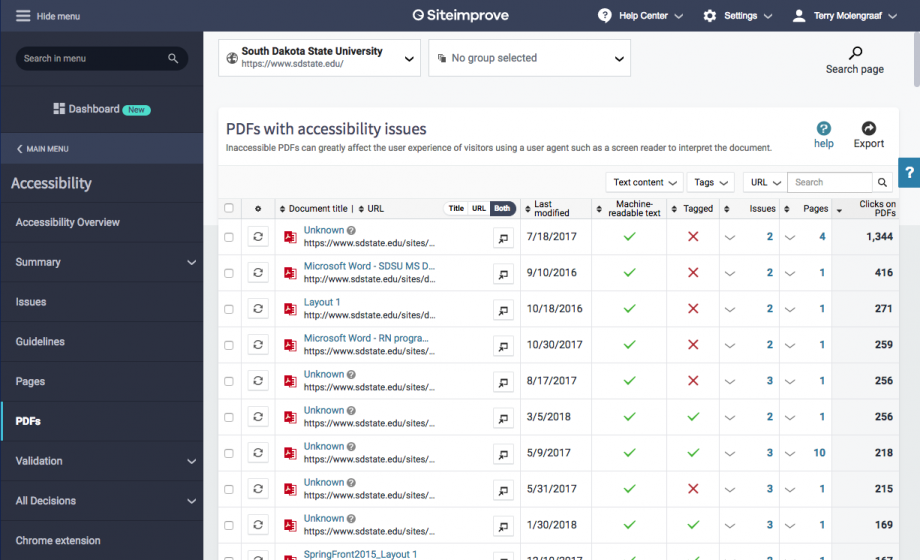 Screenshot of Siteimprove's PDF issues list
