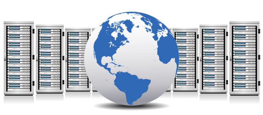 Stock image of a globe with multiple server racks behind it