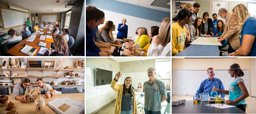 Images of different classrooms - English, Communication Studies, Geography, Design, Math, and Chemistry