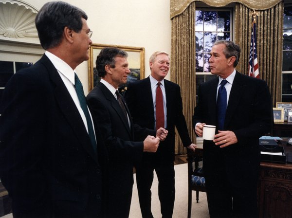 Senate party leaders Lott and Daschle, House Majority Leader Dick Gephardt, and President George W. Bush, October 10, 2001. 