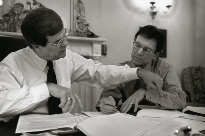Senator Lott and Senator Daschle work out the details of the divided Senate of the 107th Congress, 2001. 