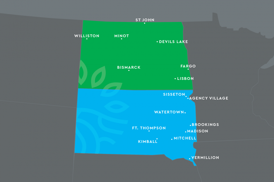 Graphic map of North and South Dakota with locations of presentations