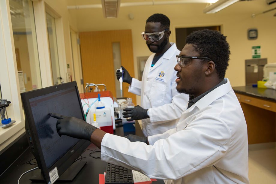 Doctoral students Mathias Anim, right, and Arlbert Armoo work with machine that sorts cells