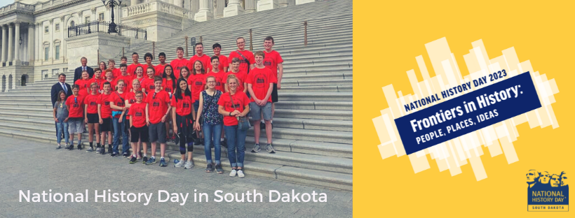 Picture of students standing on stairs; Frontiers in History logo, National History Day in South Dakota logo