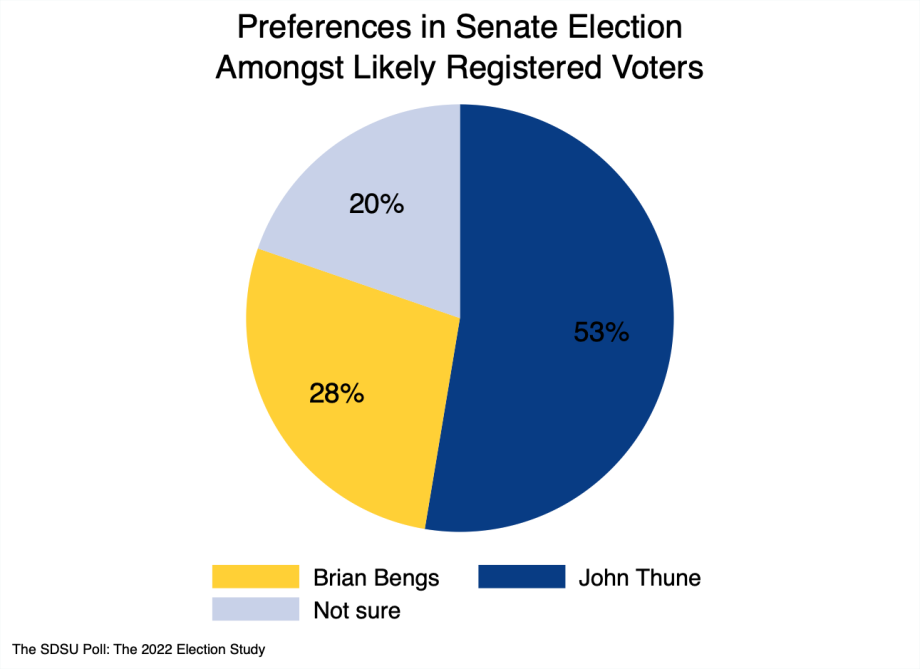 Pie chart showing the preferences in the senate election of all likely voters. 53% Thune, 28% Bengs, 20% not sure. 