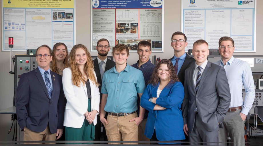 Power and Energy Society Scholarship winners and their faculty advisers gather in the Undergraduate Energy Lab at South Dakota State University Dec. 7. The eight awards are the most SDSU has ever received and is by far the most for any Midwest school. Pictured, back row, from left, are Sarah Aman, Cody Decker, Kalen Meyer, Tyler Fogelson and associate professor Tim Hansen. Front row, Professor Steve Hietpas, Shelby Mueller, Luke Rasmussen, CheyLee Arnold and Kade Griesse.
