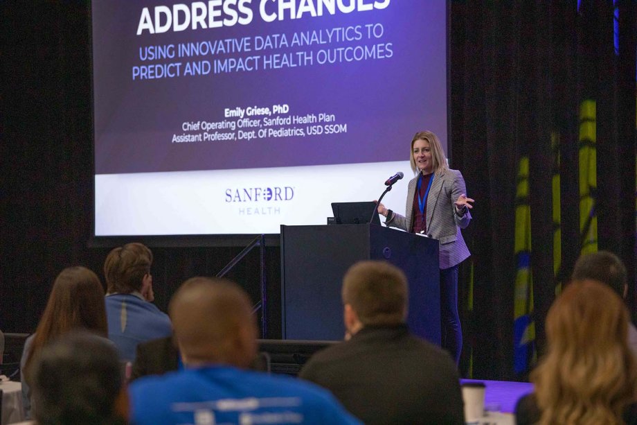 Emily Griese, chief operating officer with Sanford Health Plan and an assistant professor in pediatrics at the University of South Dakota Sanford School of Medicine, gives the Tuesday morning keynote at the fifth annual SDSU Data Science Symposium. She explained how Sanford uses routine patient data to predict inappropriate emergency room use.