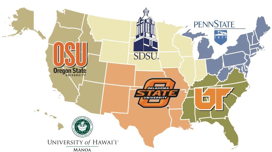 A map of the US, showing the different regions and their regional centers noted by the logo of the universities