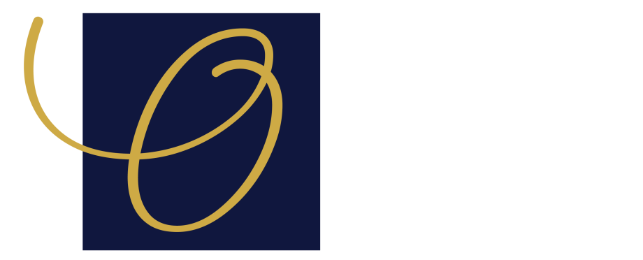 O logo gold on dark blue