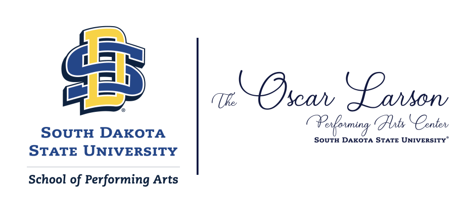 South Dakota State University School of Performing Arts logo with The Oscar Larson Performing Arts Center South Dakota State University on right