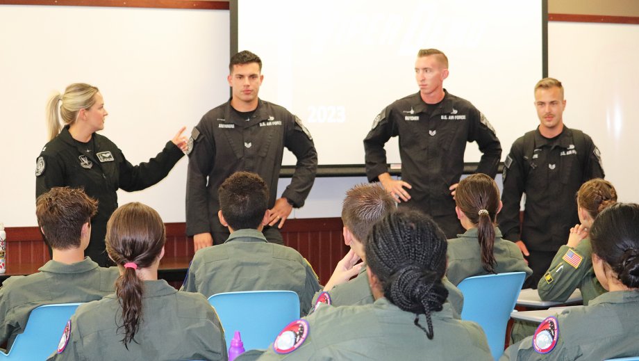 U.S. Air Force F-16 Viper Demo Team members who were introduced to Aim High Flight Academy students on the SDSU campus Wednesday included, from left, Capt. Aimee "Rebel" Fiedler, Staff Sgt. David Antonini, Staff Sgt. Joshua Butcher and Staff Sgt. Dallin Wrye.