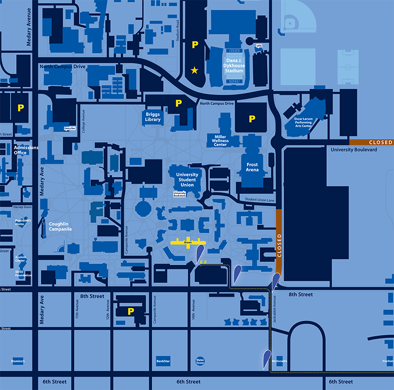 Map showing directions to Brown Hall for Meet State Move-in Weekend.