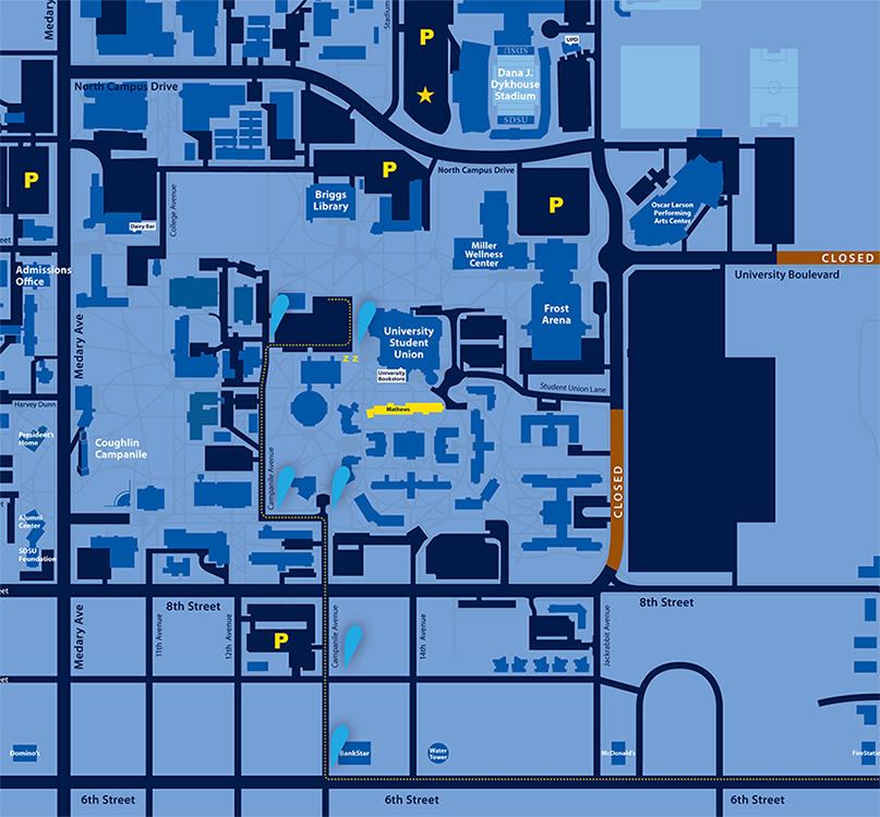 Map showing directions to Mathews Hall for Meet State Move-in Weekend.