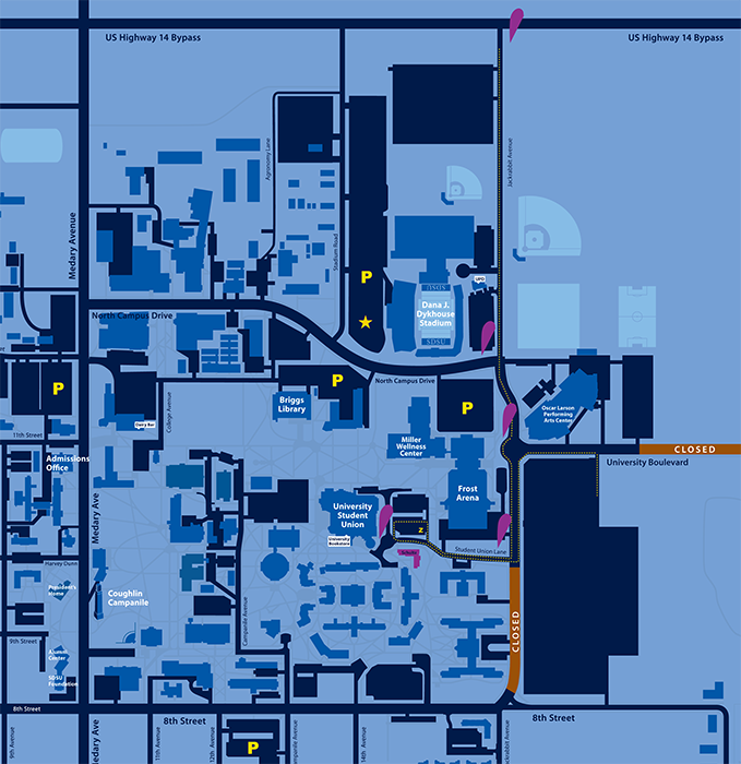 Map showing directions to Schultz Hall for Meet State Move-in Weekend.