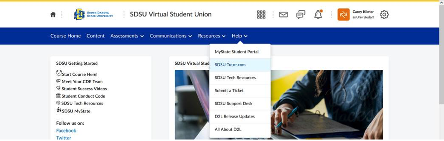 Screenshot of a how to access Tutor.com menu from the Help dropdown of the SDSU Virtual Student Union.