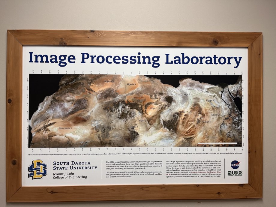A framed photo of a image from the Image Processing Laboratory featuring the SDSU and NASA logos