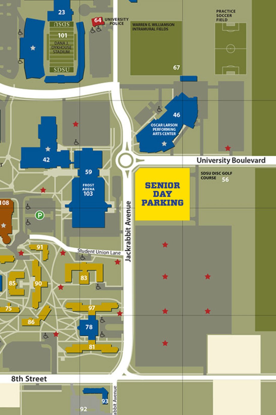 Campus map showing Senior Day parking areas.