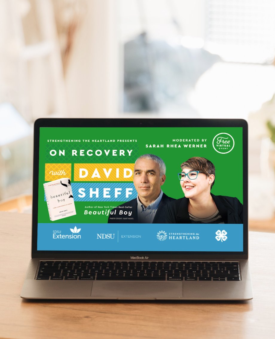 Laptop with promotional graphic for David Sheff Webinar Event