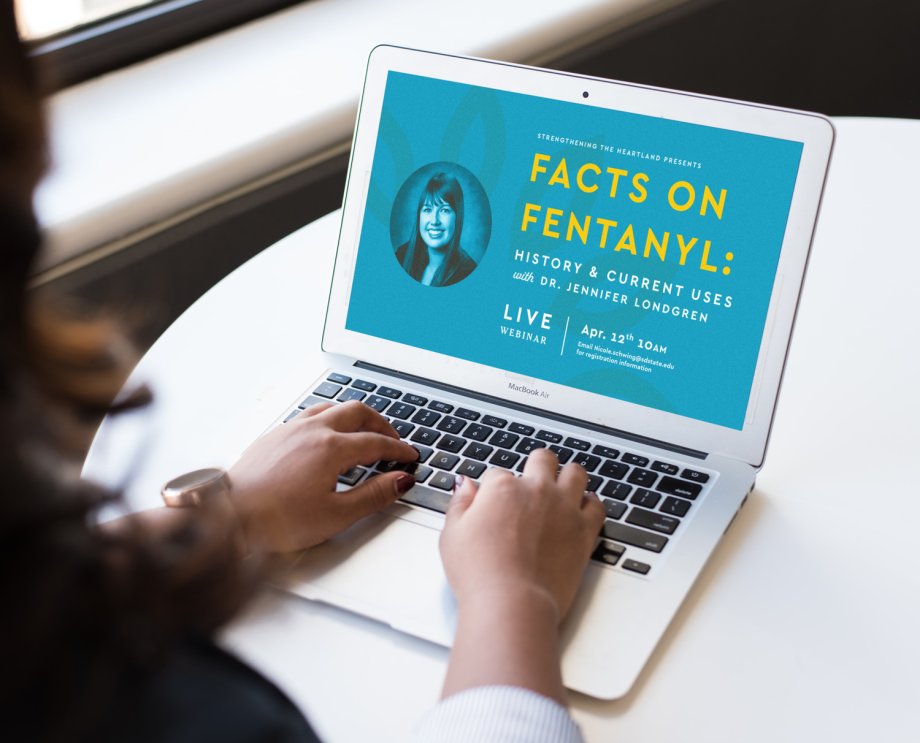 Woman on laptop with event details for Facts on Fentanyl Webinar