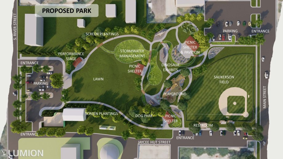 The layout of a proposed dinosaur park in Chamberlain, developed by the SDSU landscape architecture program.