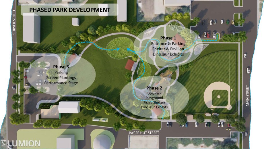 Proposed development phases for a new dinosaur park in Chamberlain, designed by the SDSU landscape architecture program.