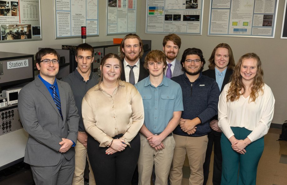 SDSU recipients of Power and Energy Society scholarships gather in the Energy Lab in Daktronics Engineering Hall. Pictured are, front row, from left, Sarah Aman, of Aberdeen; Luke Rasmussen, of Rock Rapids; Cristian Hernandez, of Oakdale, Minnesota; and Shelby Mueller, of Watertown, Minnesota. Back row, Nicholas Erickson, of Pierce, Nebraska; Kalen Meyer, of Rock Rapids, Iowa; Leif Bredeson, of Darlington, Wisconsin; Drake Rogers, of Milbank; and Devon Glisar, of Sioux City, Iowa.