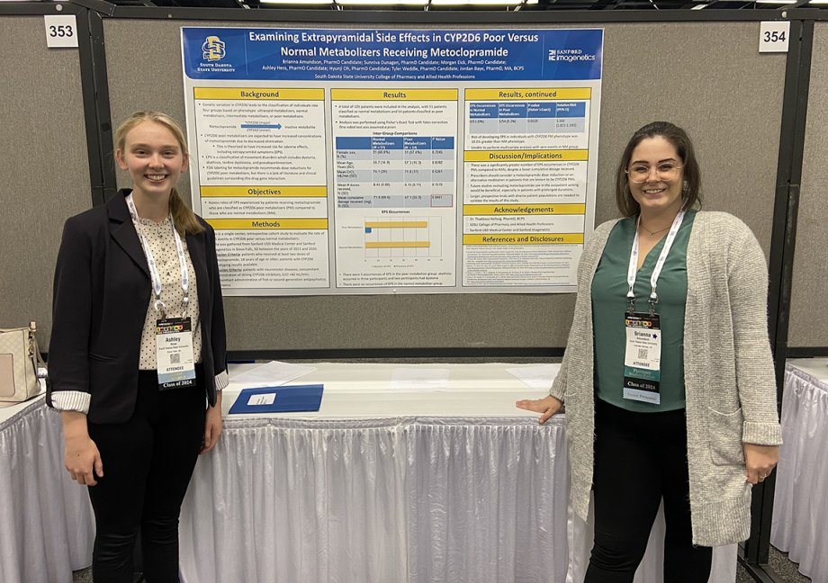 Ashley Hess (left) and Brianna Amundson present their research poster at the 2023 Midyear Clinical Meeting of the American Society of Health-System Pharmacists.