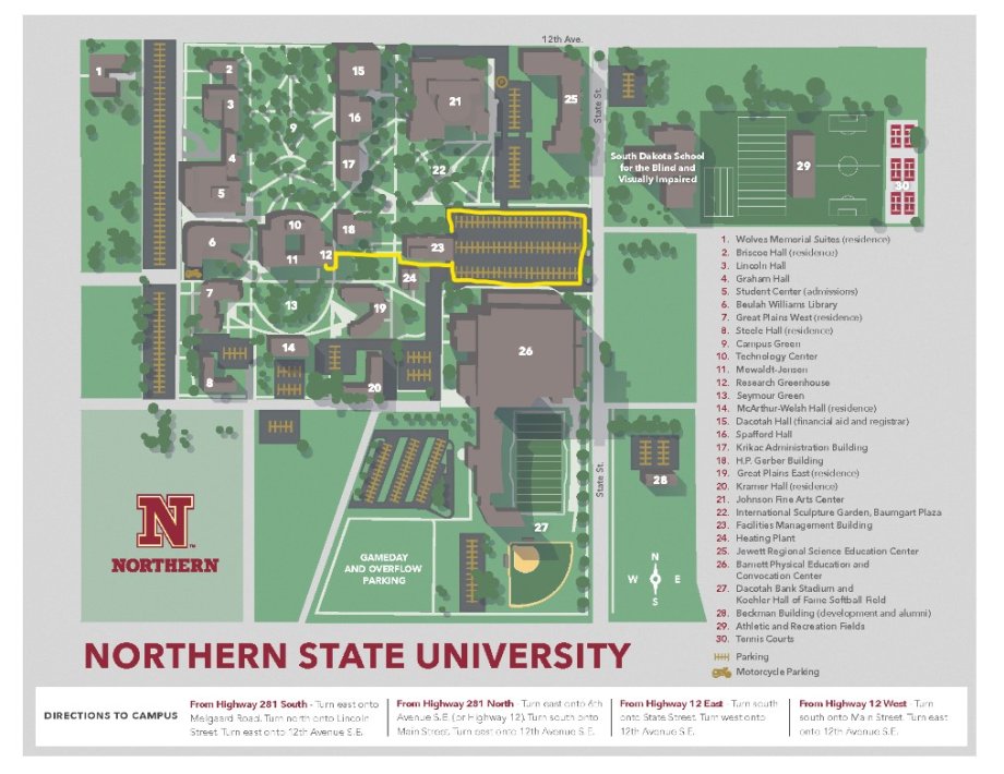 Map of Northern State Universisty showing the location of the MeWaldt-Jensen building.