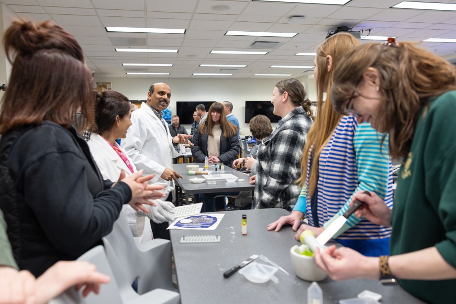 Hemachand Tummala, professor of pharmaceutical sciences at South Dakota State University, speaks with Sioux Falls School District teachers on campus for an in-service day Feb. 5.