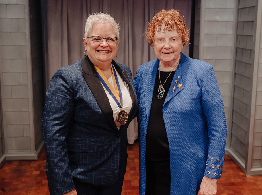Mary Anne Krogh, the Roberta K. Olson Endowed Dean of the College of Nursing, at left, stands with Olson, the endowment's donor, at the University Leadership Honors ceremony in September 2023.