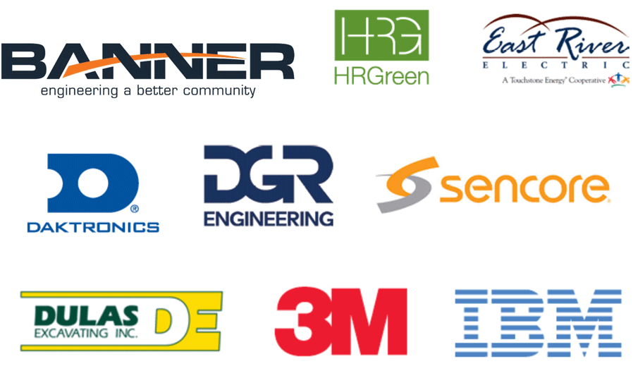 Sponsor logos: Banner engineering a better community, HRGreen, East River Electric, Daktronics, DGR Engineering, Sencore, Dulas Excavating Inc., 3M, and IBM