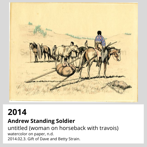 Andrew Standing Soldier untitled (woman on horseback with travois) watercolor on paper, n.d. South Dakota Art Museum Collection, 2014.02.3. Gift of Dave and Betty Strain.