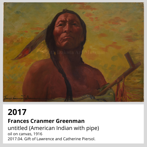 Frances Cranmer Greenman untitled (American Indian with pipe) oil on canvas, 1916 South Dakota Art Museum Collection, 2017.04. Gift of Lawrence and Catherine Piersol.