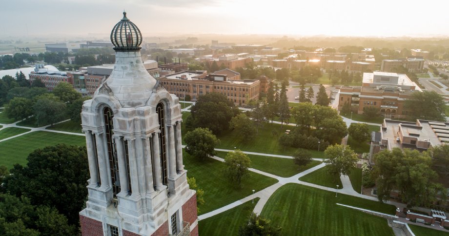 "SDState Campanile aerial view"