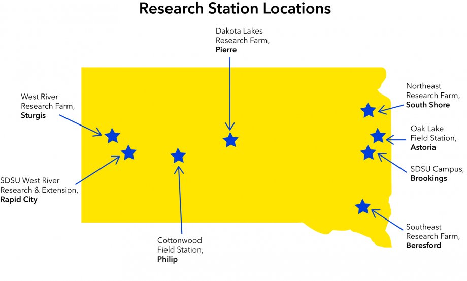 "South Dakota map with research station locations. "