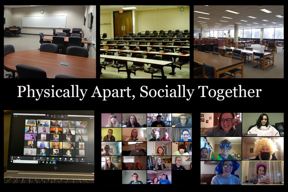 Physically Apart, Socially Together: The SDSU and Brookings Experience of the COVID-19 Pandemic. Images of empty classrooms and Zoom meetings.