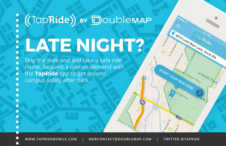 "TapRide app graphic advertising the option of a safe ride home for students"