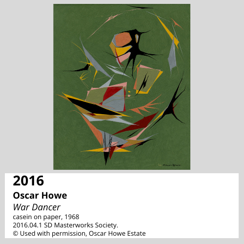 Oscar Howe, War Dancer, casein on paper, 1968 South Dakota Art Museum Collection, 2016.04.1 SD Masterworks Society.