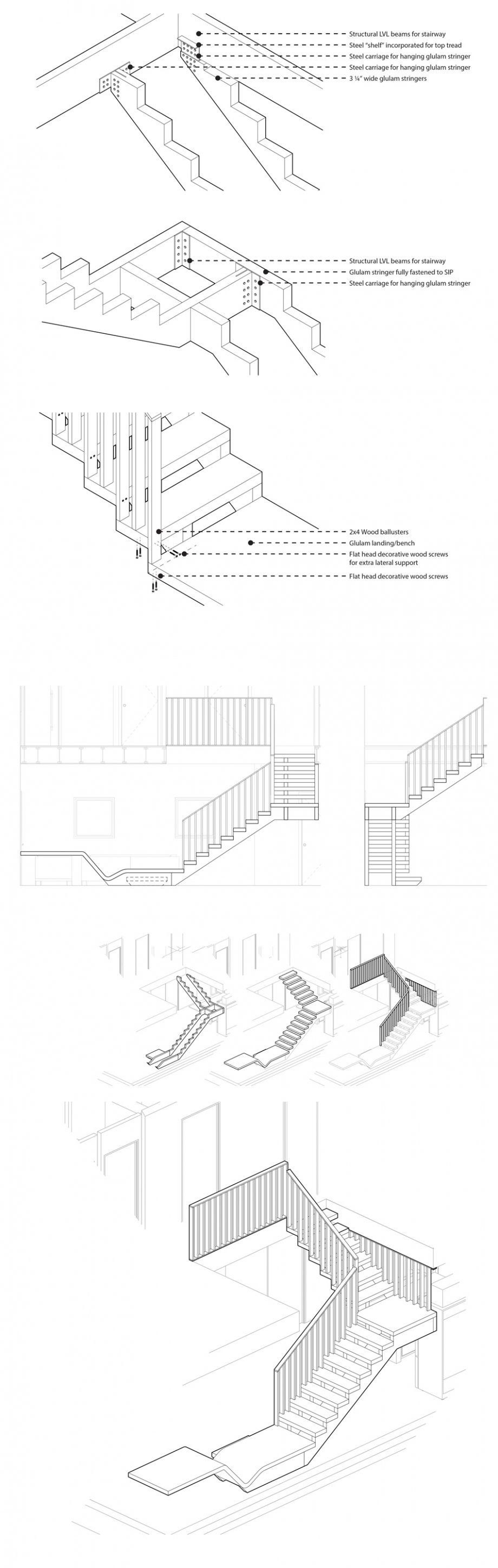 Custom stair design and details on structure and assembly.